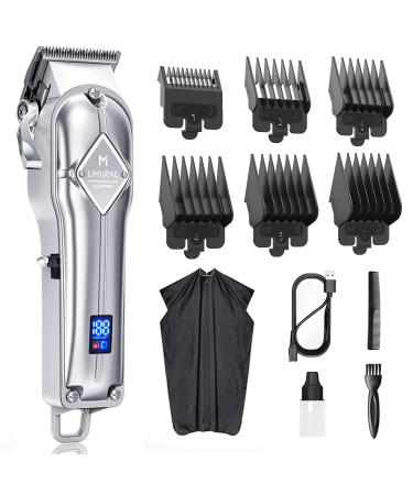 Limural Hair Clippers for Men Professional - Cordless Barber Clippers for Hair Cutting & Grooming, Rechargeable Beard Trimmer with Large LED Display & Silver Metal Casing Bright Silver