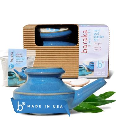 Handcrafted Ceramic Neti Pot Starter Kit w/ 2 oz Mineral Sea Salt Durable Stoneware for Nasal Rinse Relaxing Home Wellness Tool Ideal Gift for Women Helps with Snoring & Sinus Care (Blue) Boxed Blue