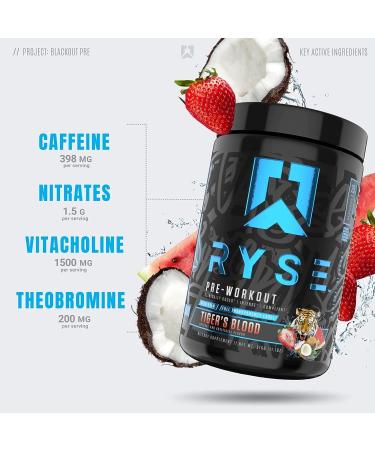 Ryse Project Blackout Pre Workout - Pump Energy & Strength with Caffeine, Vitacholine, Nitrates, Theobromine - 25 Servings (Tiger's Blood) - Buy Online on GoSupps.com
