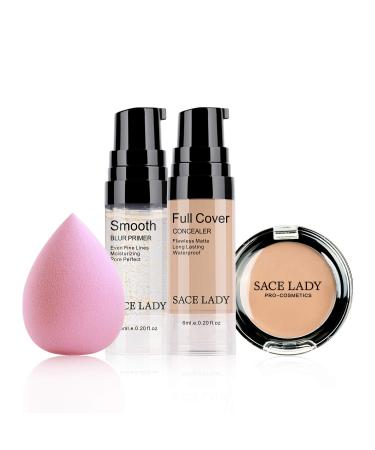 Waterproof Full Coverage Concealer with Primer Sponge Set, Smooth Matte Flawless Creamy Liquid Foundation Corrector Makeup Kit for Face Eye Dark Circle Spot Acne Scar Cover (0.2Fl, Warm Natural)