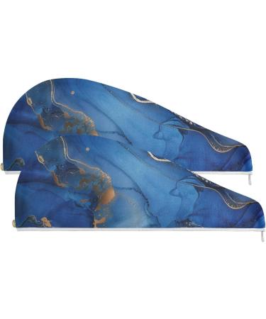 Blue & Gold Marble Hair Towel 2 Pack - Super Absorbent Quick Dry Hair Turbans for Women & Girls - Buy Online on GoSupps.com