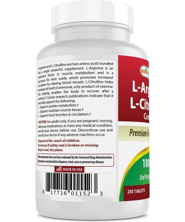 Best Naturals L-Arginine L-Citrulline Complex Tablets - 250 Count Pack - Premium Nitric Oxide Booster Supplement - Buy Online on GoSupps.com