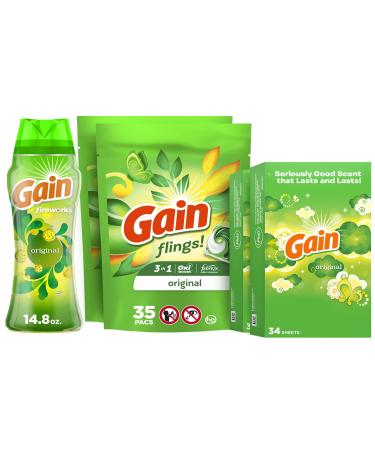 Gain Laundry Bundle: Gain Flings Laundry Detergent Pacs (2x35ct), Gain Dryer Sheets (2x34ct), Gain Fireworks Laundry Scent Booster Beads (14.8 oz) Laundry and Fabric Enhancers Bundle