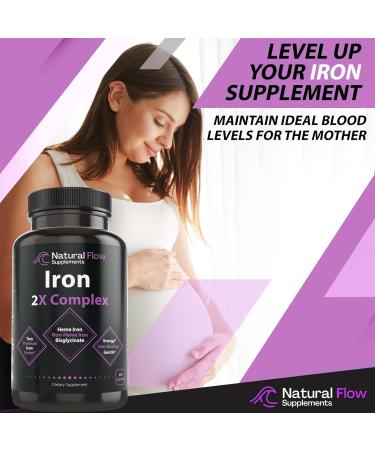 Iron Supplement 2-in-1 Complete Complex - Natural Flow 2X Heme and Chelated Non Heme Iron Bisglycinate Folate B and Vitamin C for Anemia and Blood Building Support Gentle on Stomach 60 Caps (60) - Buy Online on GoSupps.com
