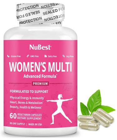 NuBest Women s Multi 18+ - Support Immunity Energy Bones Heart & Wellness - Vitamins A C D E B1 B2 B6 B12 Biotin Calcium Zinc Copper Spirulina & More - 60 vegan caps | 1 Month Supply Pack of 1