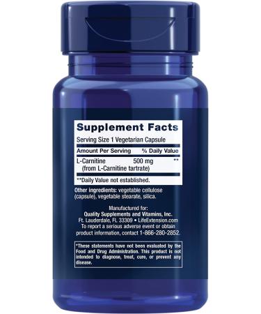 Life Extension L-Carnitine 500 mg - 30 Vegetarian Capsules for Energy & Metabolism - Buy Online on GoSupps.com