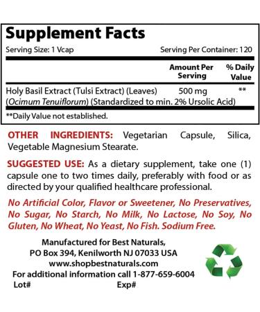 Best Naturals Holy Basil Extract 500mg - 120 Vegetarian Capsules - Buy Online on GoSupps.com
