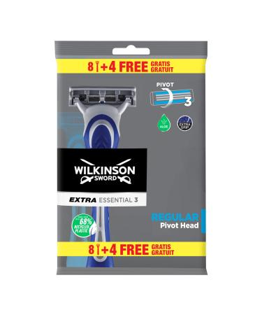 Wilkinson Sword - disposable razor extra 3 essentials - razor with 3 blades fxfcr men - pack with 8 razors + 4 free 12 pieces (1 Pack)