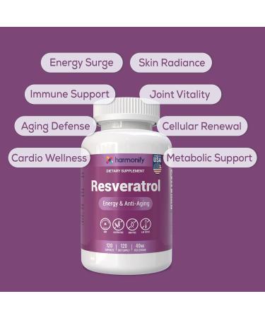 HARMONIFY Resveratrol Supplement - Pure Trans-Resveratrol from Japanese Knotweed - Supports Energy & Anti-Aging - Potent Antioxidant - 120 Capsules for 120 Day Supply - Made in USA Lab Tested - Buy Online on GoSupps.com