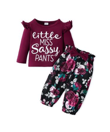 puseky Toddler Baby Girls Clothes Cute Letter Print Long Sleeve Shirt Floral Pant Tracksuit Outfits Set 3-4 Years Wine Red