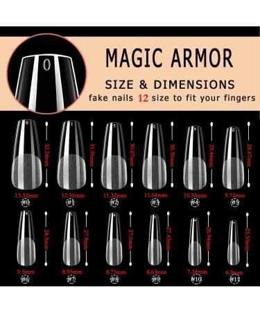 MAGIC ARMOR Long Coffin Gel Nail Tips - 504pcs Pre-Shape Clear Fake Nails for Nail Extension - Full Cover Acrylic Coffin Nails - 12 Sizes Almond Nail Tips - Buy Online on GoSupps.com