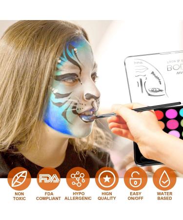 Kids Face Paint Kit - 32 Stencils, 24 Large Water Based Paints, 2 Brushes - Professional Quality, Hypoallergenic & Non-Toxic - Ideal for Halloween Parties - 24 Colors - Buy Online on GoSupps.com