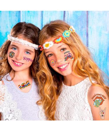 Hippie Temporary Tattoos - Assorted Groovy Designs for Kids and Women | Waterproof Face and Body Stickers | Love and Peace Sign | 10 Sheets - Buy Online on GoSupps.com