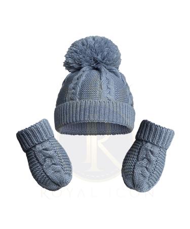 Royal Icon Baby Knitted Pom Pom Hat with Mittens Baby Boys Girls Winter Hat Mittens Set Cable Knit Single Pom Pom Bubble Hat Colours Available NB-12 Months RI6512 0-12 Months Dusty Blue - Ri800