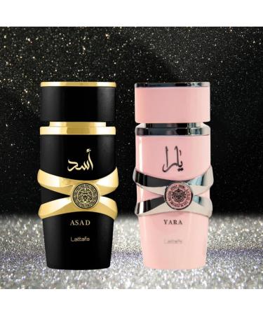 Bundle of Lattafa Yara and Lattafa Asad Eau de Parfum for Men and Women 3.4oz with 5ml Portable Refillable Atomizer and Refillable Car Freshener in a Satin Gift Bag - Buy Online on GoSupps.com