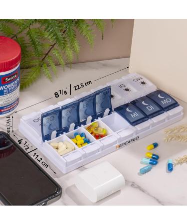 Mericargo 7-Day Tablet Box - Portable Pill Organizer with 2 Compartments for Vitamins & Supplements - Push Button Design - Blue & White - Buy Online on GoSupps.com