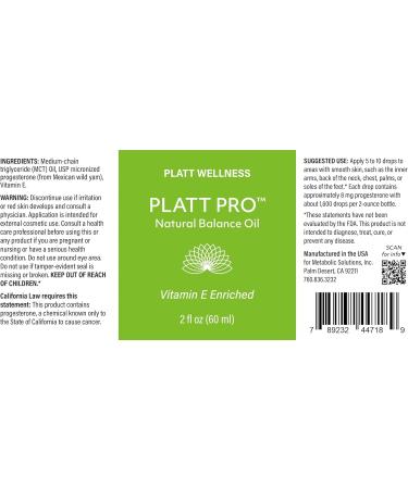 Platt Wellness Platt Pro Natural Balance Oil 2 oz Bio-Identical USP Progesterone + Vitamin E in MCT Oil Base for Hormonal Balance Soy-Free Paraben-Free Made in USA - Buy Online on GoSupps.com