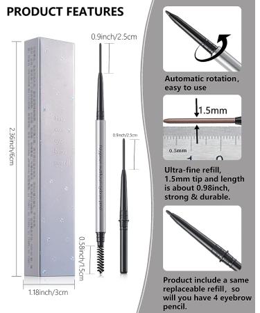 Professional Micro 1.5mm Tip Eyebrow Pencil with Spoolie Brush - 4Pcs Dual-Ended Kit for Longwearing Waterproof Black Eyebrow Makeup - Buy Online on GoSupps.com
