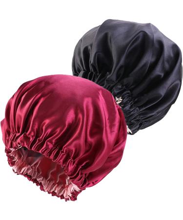 NIXISWAG 2PCS Silk Bonnet Sleep Cap for Curly Hair-Silk Hair Wrap for Sleeping-Bonnet for Women-Satin Bonnet and Hair Cap-Bonnets-Stylish Hair Bonnet with Elastic Band 1-Red & 1-Black