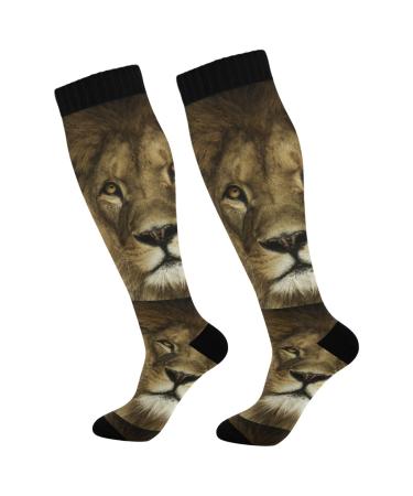 Haskirky High Elasticity Compression Socks High Knee Socks Adult Universal Leisure Relieve Fatigue Natural Portrait Lion Travel Daily with Running (1 Pair)