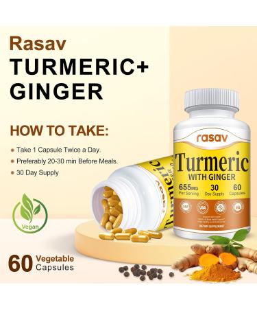 Rasav Turmeric Curcumin Supplement - 95% Curcuminoids with Turmeric & Ginger Black Pepper for Ultra High Absorption Support Joint & Digestion Health Non-GMO 60 Capsules 60 Count (Pack of 1) - Buy Online on GoSupps.com