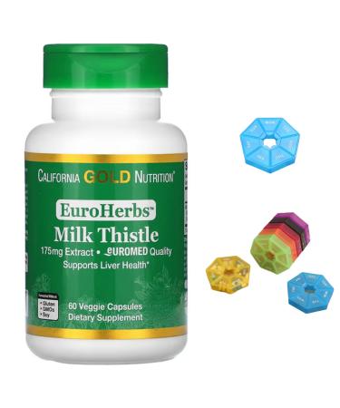 EuroHerbs Milk Thistle Extract Compatible With California Gold Nutrition Euromed Quality 175 mg 60 Veggie Capsules + Bonus Pill Organizer Weekly Pill Organizer Mini
