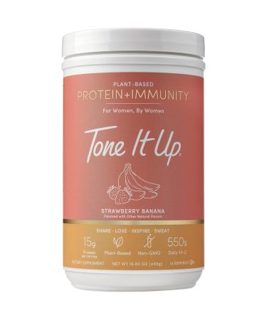 Tone It Up Plant Based Protein + Immunity Powder I Dairy Free, Gluten-Free, Kosher, Non-GMO Pea & Chia Seed Protein and Oat Milk for Women I 14 Servings, 15g of Protein + Vitamin C  Strawberry Banana
