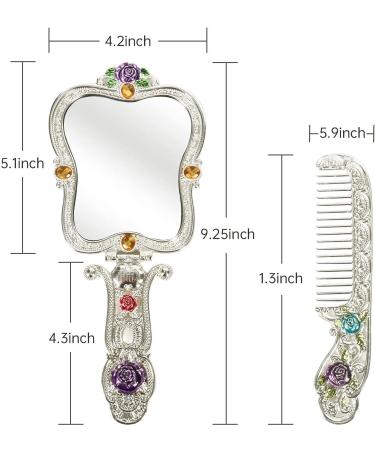 YUSONG Vintage Handheld Mirror & Comb Set - Embossed Rose Small Vanity Mirror - Travel-Friendly Antique Hand Mirror - Gift for Women (Silver) - Buy Online on GoSupps.com
