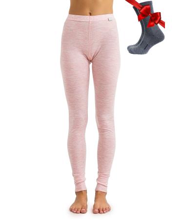 Merino Wool Base Layer Women Pants 100% Merino Wool Leggings Thermal Underwear Bottoms Light, Mid, Heavyweight + Wool Socks Medium 165 Pink Heather