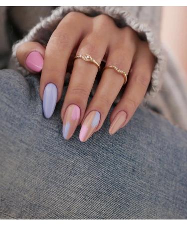 Sethexy Abstract Almond Shape French Press On Nails - 24 St Blue Pink Acrylic Swirl Fingernails for Women & Girls - Buy Online on GoSupps.com