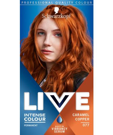 Schwarzkopf LIVE Intense Colour Caramel Copper Permanent Hair Dye 077 Long Lasting Red Hair Dye with Built-In Vibrancy Serum Copper Red Hair Dye for up to 100% Grey Coverage