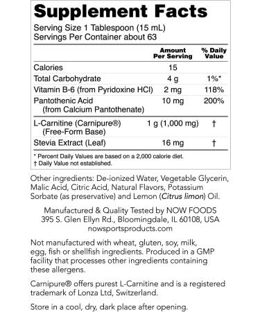 NOW Foods Sports Liquid L-Carnitine Citrus Flavor 1000mg 32 fl oz - Buy Online - Buy Online on GoSupps.com