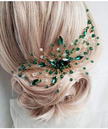 BERYUAN Women Bridal Teardrop Emerald Green Crystal Hair Comb Wedding Hair Accessory Rhinestone Hair Piece Gift for Her Party Headress for Bride Bridesmaid Girls(Gold)