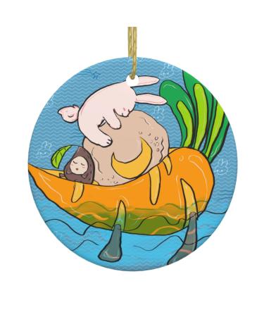 YYHHAOFA Sunflower Seeds and Rabbits Picture Christmas Ceramic Round Pendant Decoration - Festive Hanging Ornament for Stores and Homes -2.9 in