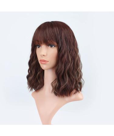 FAELBATY Short Brown Highlight Gold Wig with Bangs | Shoulder Length Curly Wavy Bob Synthetic Wig for Women's Cosplay Costume (12 Inches, T33/27) - Buy Online on GoSupps.com