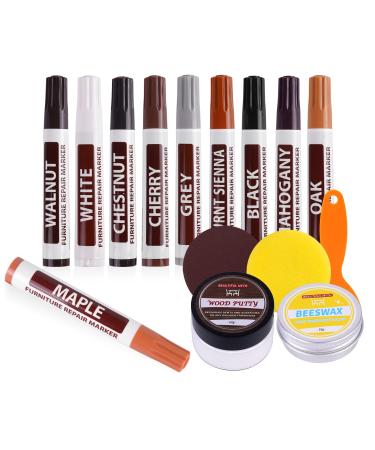 Wood Marker Furniture Repair Kit 16-Piece Set with Markers for Scratch Repair Furniture Touch-Up Pens and Wood Filler for Addressing Cracks and Discoloration on Floors Tables Desks and Bedposts