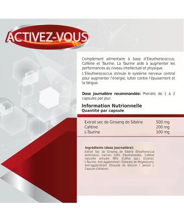 Taurine Caffeine and Eleutherococci | Energy and Power Boosting | Powerful Energy Stimulating | Instant Energy Booster | Stimulates Muscle Performance | 60 Capsules - Buy Online on GoSupps.com