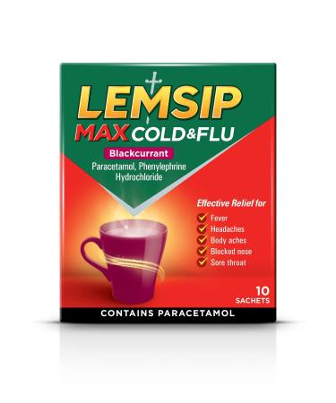 Lemsip Max Cold & Flu Blackcurrant Hot Drink 10 Sachets Contains Paracetamol For Fever Headaches Body Aches Blocked Nose Sore Throat Relief