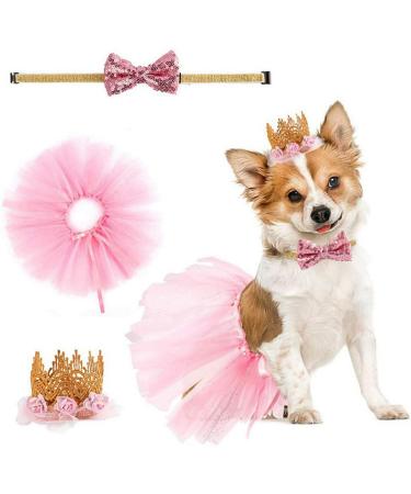 Dog Birthday Party Supplies Cute Dog Party Dress with Collar Crown Hat Skirt Bowtie Pet Dog Princess Tutu Gift for Puppy Kitten Small Medium Dogs Cats(Pink)