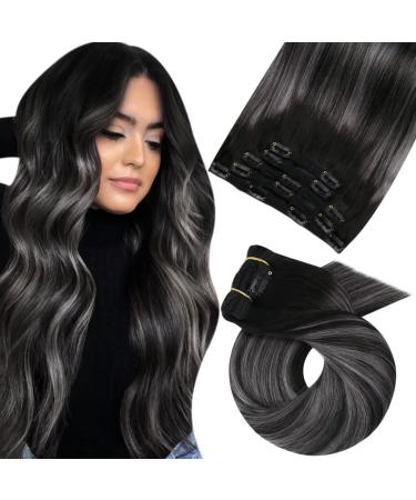 Moresoo Clip in Hair Extensions Real Human Hair Black and Silver Hair Extensions Clip in 12 Inch Balayage Clip in Human Hair Extensions 5 Pieces/70g #1B/Silver/1B 30 cm #1B/Silver/1B