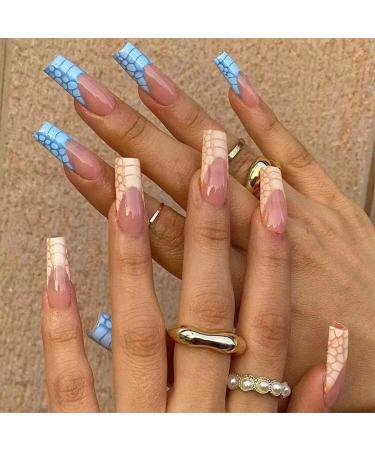 Sethexy coffin false nails crocodile pattern nails glue pink finger fingernails 24st acrylic art press on nail tips for women and girls blue yellow