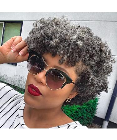 Grey Human Hair Wigs Kinky Curly with Bang Bob Human Hair Wigs No Lace Kinky Curly Wigs Human Hair for Old Lady 180% Density