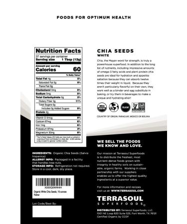 Terrasoul Superfoods Organic White Chia Seeds 16 oz - Rich in Omega Fats, Fiber, and Plant Protein - Buy Online on GoSupps.com