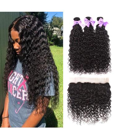 Brazilian Water Wave Bundles with Frontal 13x4 Free Part Lace Frontal Unprocessed Virgin Human Hair Bundles Brazilian Hair Extensions Natural Black Color(16 18 20 + 14 frontal)