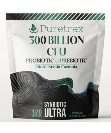 Puretrex 300 Billion CFU Probiotic & Prebiotic Supplement, Multi-Strain Synbiotic Ultra Formula, 120 Vegan Capsules, with Digestive Enzymes and Black Pepper Extract