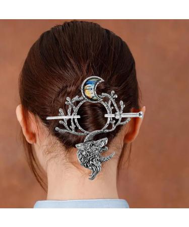 Viking Wolf Moon Hairpins Clips Vintage Shawl Knot Hair Sticks Retro Silver Alloy Viking Hair Barrette Jewelry Accessories for Women Girls Birthday - Buy Online on GoSupps.com