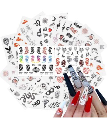 18 Sheets Dragon Nail Art Stickers Decals,Pattern self-Adhesive Nail Stickers with Patterns Like Snake,Flame, ,for DIY Acrylic Nail Art Dragon-18 Sheets