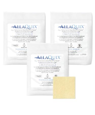 AllaQuix High Performance Stop Bleeding Gauze - Large (2"x2"Square) - (3-Pack) Professional-Grade First-Aid Hemostatic Gauze (Blood Clotting Bandage) 2" x 2" Large (Pack of 3)
