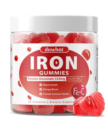 Iron Gummies for Women Teen Girls, Ferrous Gluconate 324 mg with Vitamin C, Iron Supplement Plus Vitamin A, B, Folate, Copper, Zinc, Energy & Blood Support, Immune Health, Sugar Free 60 Gummies