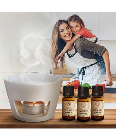 Shop Ceramic Aroma Grener White Tealight Holder with Essential Oils Set - Lavender Peppermint & Eucalyptus for Aromatherapy & Relaxation - Buy Online on GoSupps.com